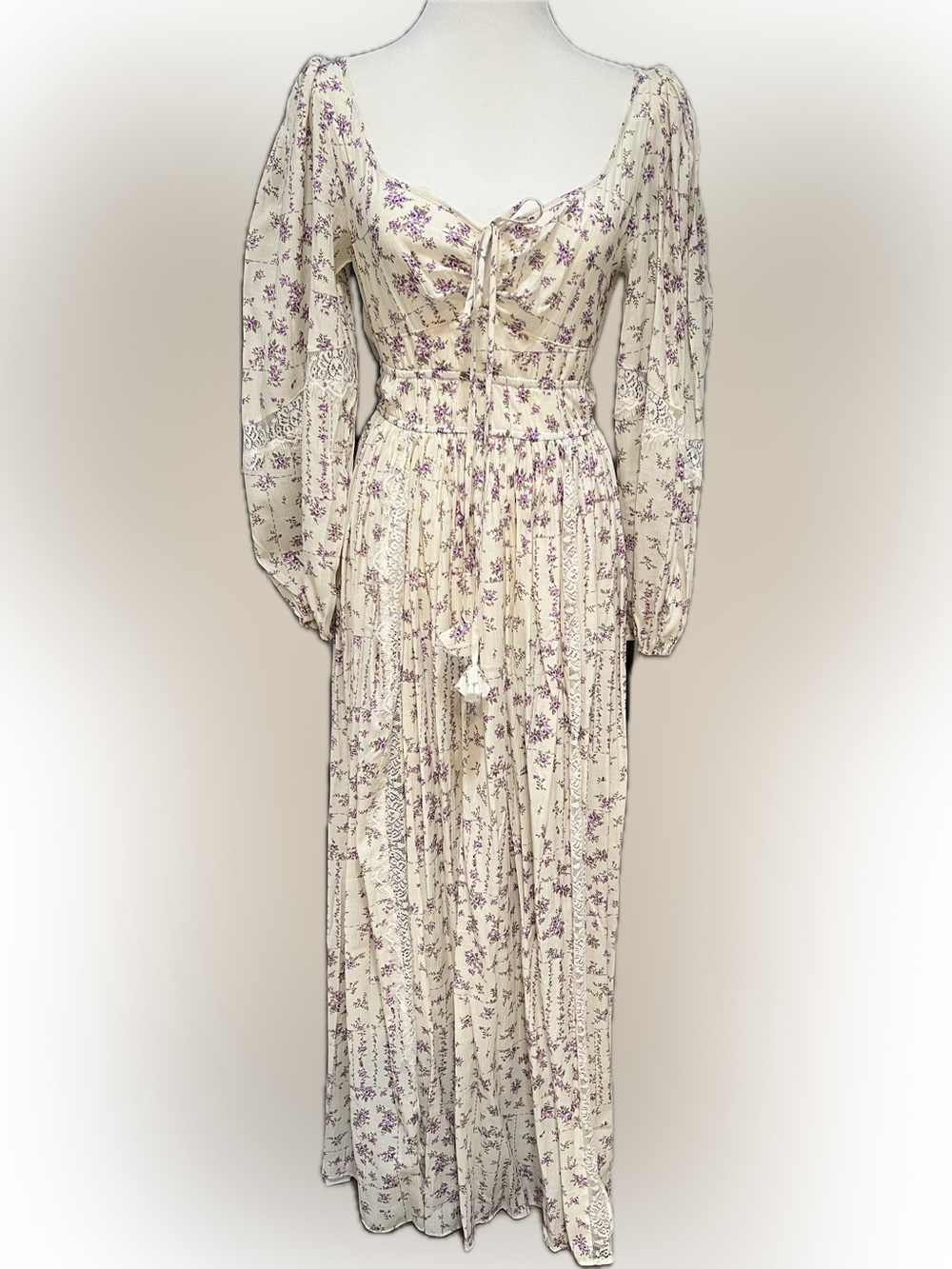 Romantic Cream Maxi Dress with Purple Floral Print